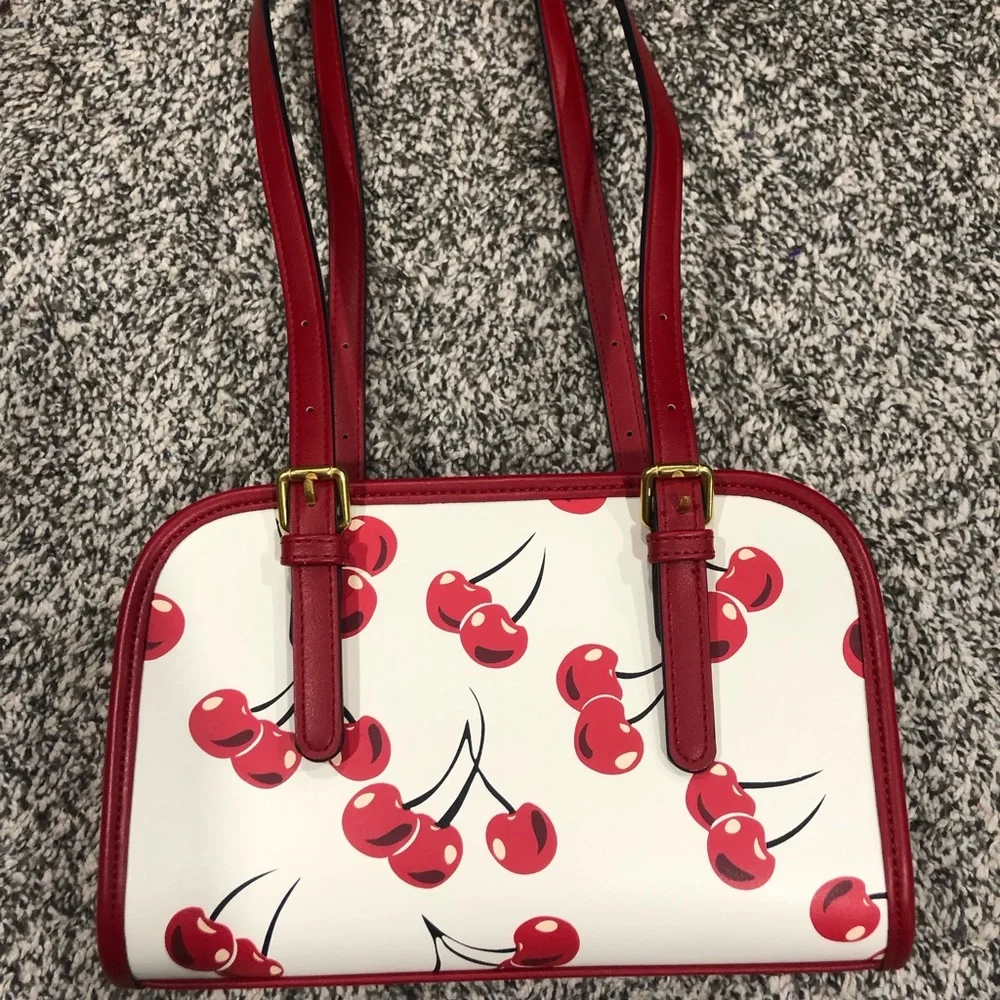 White & Red Cherry Print Shoulder Bag